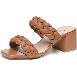 Athlefit Tan Leather Block Heels Women's Backless Braided Heeled Sandals Mules